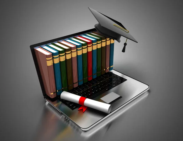 ノートパソコンの書籍と卒業キャップ - eラーニング3Dコンセプト。3d il — ストック写真