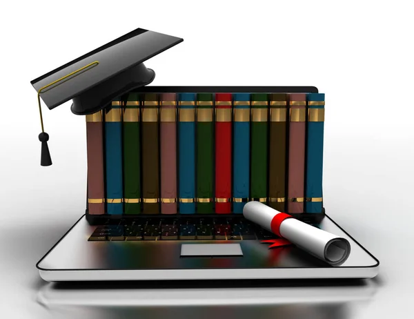 Könyvek és érettségi sapkát laptop-e-learning 3D koncepció. 3D-s Il — Stock Fotó