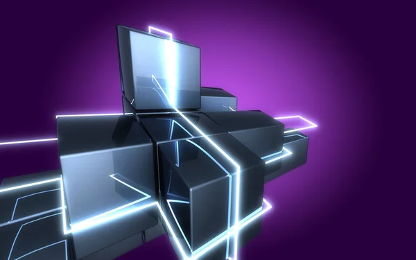 abstract cubes construction witth neon light.3d illustration