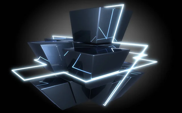 abstract cubes construction witth neon light.3d illustration