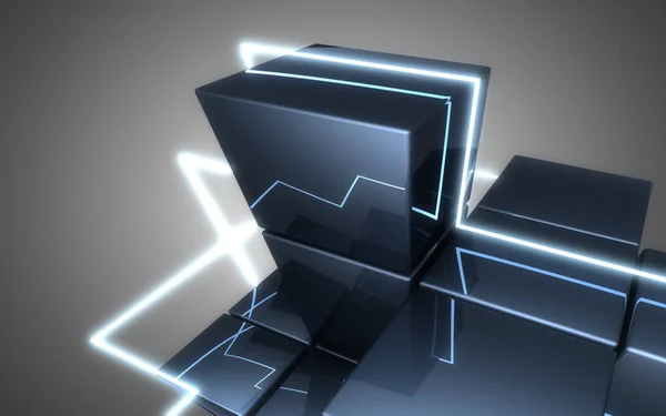 Abstracte kubussen bouw witth Neon Light. 3D illustratie — Stockfoto