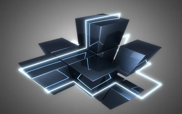 Abstrait cubes construction witth néon lumière.3d illustration — Photo