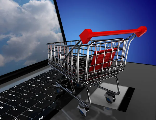 Laptop-Kordé és a bevásárló táska. 3D-s illusztráció — Stock Fotó