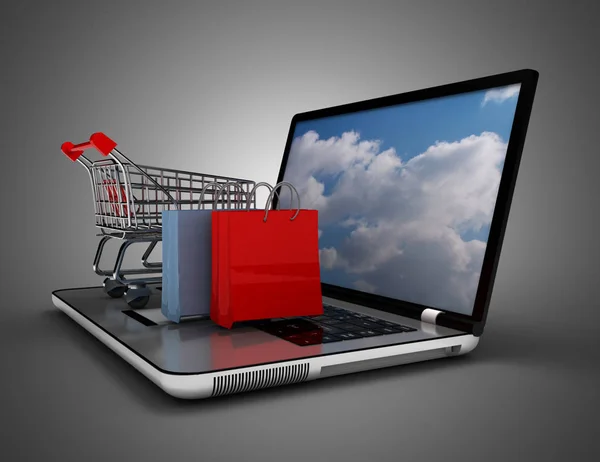Laptopwagen und Einkaufstasche. 3D-Illustration — Stockfoto