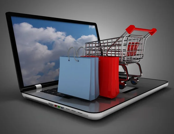 Laptop cart and shopping bag. 3d illustration