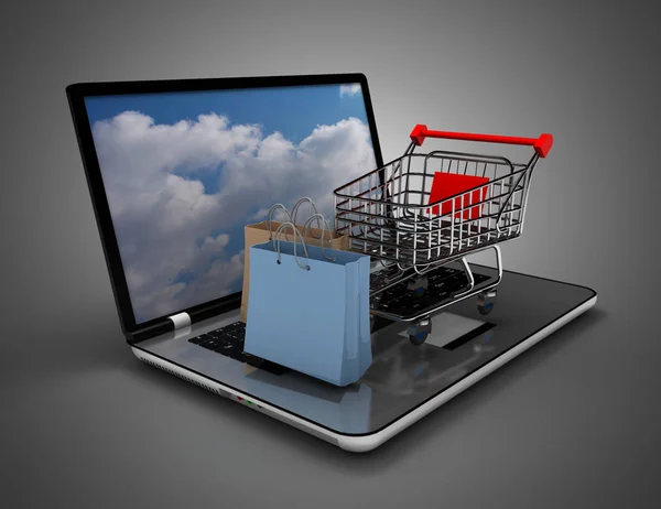 Laptop cart and shopping bag. 3d illustration
