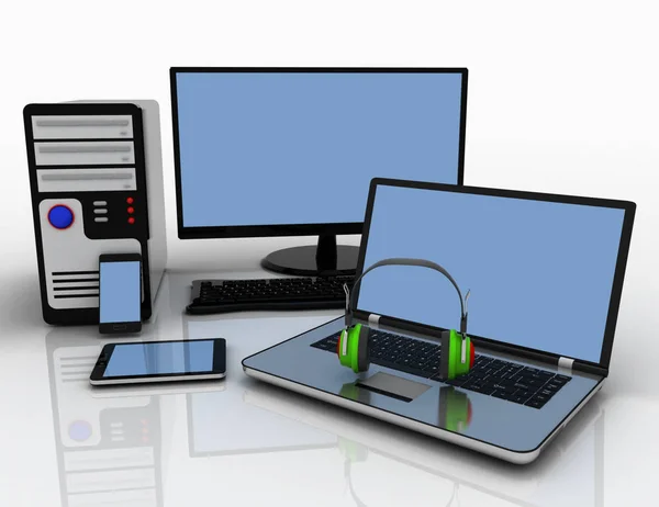 Computer apparaten en kantoorapparatuur. 3D-illustratie — Stockfoto