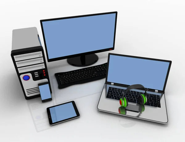 Computer apparaten en kantoorapparatuur. 3D-illustratie — Stockfoto