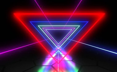 Neon ışıkları ile 3d soyut tünel. 3d illüstrasyon