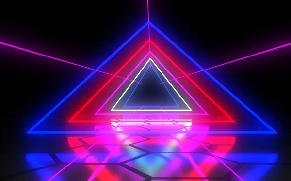 3D abstracte tunnel met neon verlichting. 3D-illustratie — Stockfoto