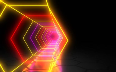 soyut arka plan altıgen neon tünel. 3d illüstrasyon