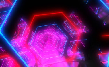 soyut arka plan altıgen neon tünel. 3d illüstrasyon