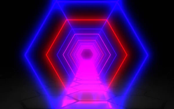 Abstract background hexagon neon tunnel. 3d illustration — Stock Photo, Image