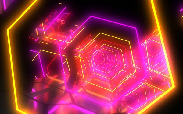 Abstracte achtergrond zeshoek Neon tunnel. 3D-illustratie — Stockfoto