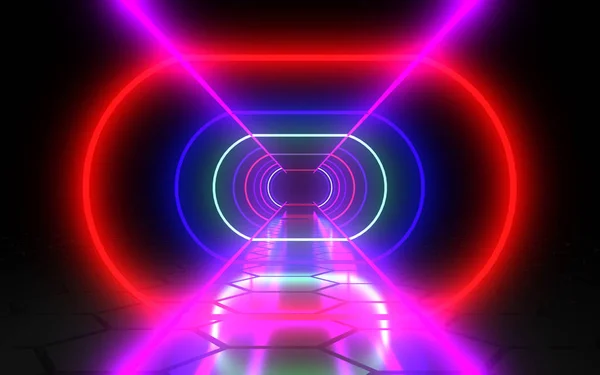 3D abstrakter Tunnel mit Neonlicht. 3D-Illustration — Stockfoto