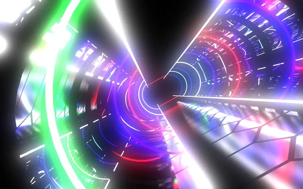 3D abstracte tunnel met neon verlichting. 3D-illustratie — Stockfoto