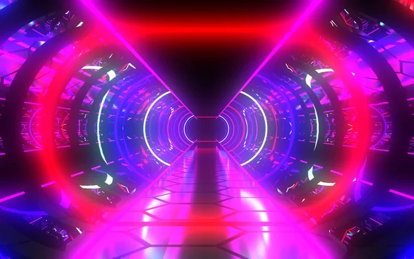 3D abstrakter Tunnel mit Neonlicht. 3D-Illustration — Stockfoto