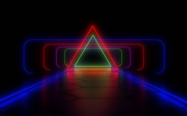 Neon ışıkları ile 3d soyut tünel. 3d illüstrasyon