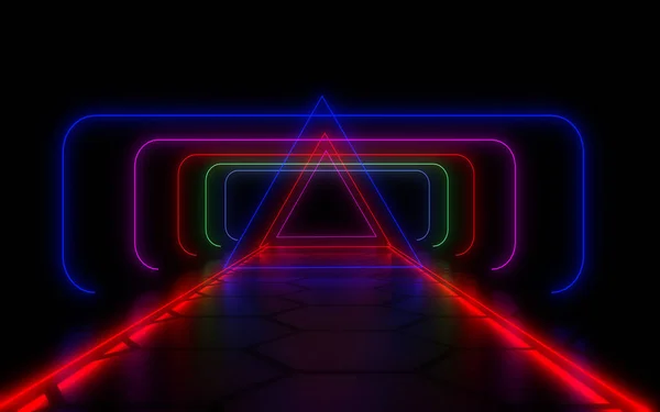 3D abstrakt tunnel med neonljus. 3D-illustration — Stockfoto