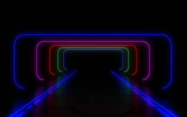Túnel abstracto 3D con luces de neón. ilustración 3d — Foto de Stock