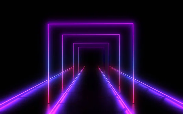 Neonové tunelové propojení abstraktního pozadí. 3D ilustrace — Stock fotografie