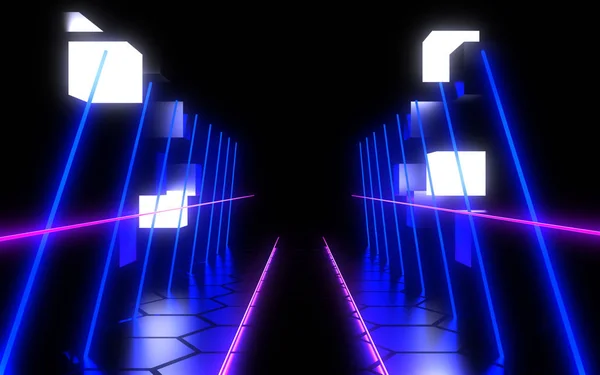 3d abstract neon fundal construcție laser. Ilustrație 3d — Fotografie, imagine de stoc