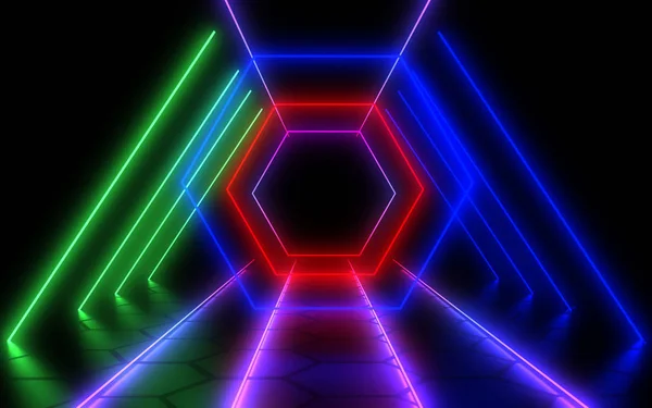 3D abstrakter Hintergrund mit Neonlicht. 3D-Illustration — Stockfoto