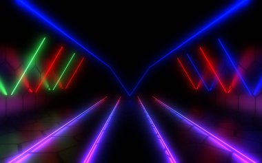 Neon ışık ile 3d soyut arka plan. 3d illüstrasyon