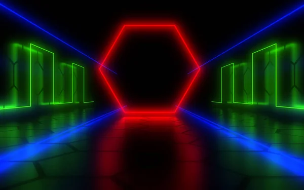 3D abstracte achtergrond met neon licht. 3D-illustratie — Stockfoto