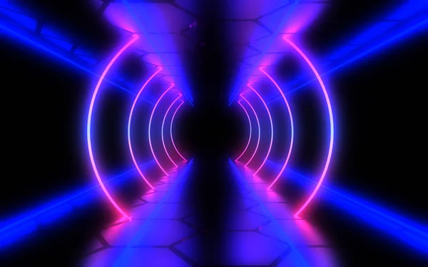 Abstrakt arkitektur tunnel med neonljus. 3D-illustration — Stockfoto