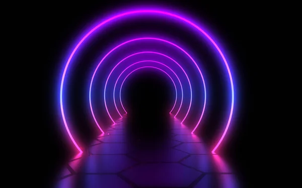 Tunnel di architettura astratta con luce al neon. Illustrazione 3d — Foto Stock