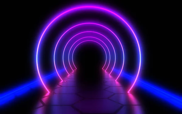 Abstract architecture tunnel with neon light. 3d illustration — Stock Photo, Image