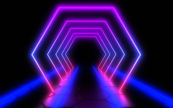 Abstrakt arkitektur tunnel med neonljus. 3D-illustration — Stockfoto