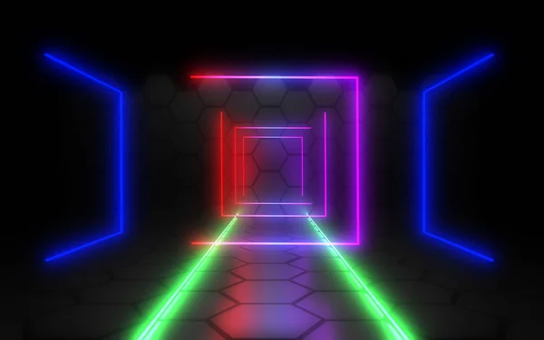 Abstrakter Architekturtunnel mit Neonlicht. 3D-Illustration — Stockfoto