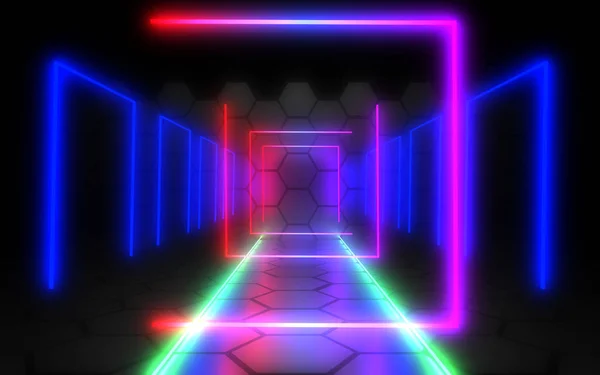 abstract architecture tunnel with neon light. 3d illustration