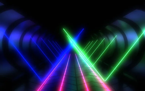 Abstrakter Architekturtunnel mit Neonlicht. 3D-Illustration — Stockfoto