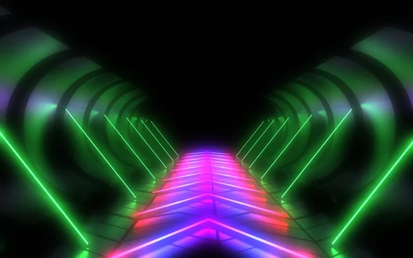 Абстрактный туннель архитектуры с неоновым светом. 3d иллюстрация — стоковое фото
