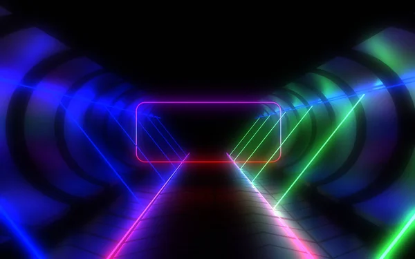 Abstrakter Architekturtunnel mit Neonlicht. 3D-Illustration — Stockfoto