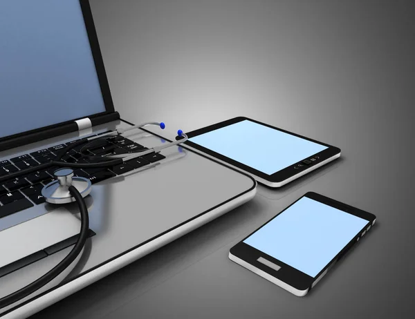 Service for laptop repair. Laptop and stethoscope. 3d illustrati