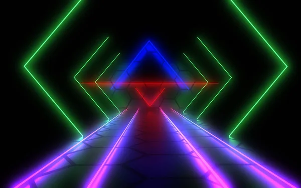 Tunnel di architettura astratta con luce al neon. Illustrazione 3d a — Foto Stock