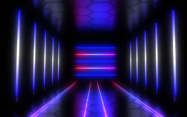 ネオンライトを備えた抽象建築トンネル。3Dイラスト — ストック写真