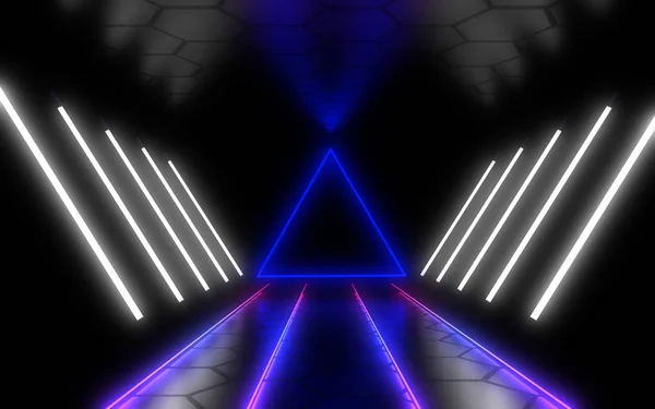 Tunnel di architettura astratta con luce al neon. Illustrazione 3d — Foto Stock