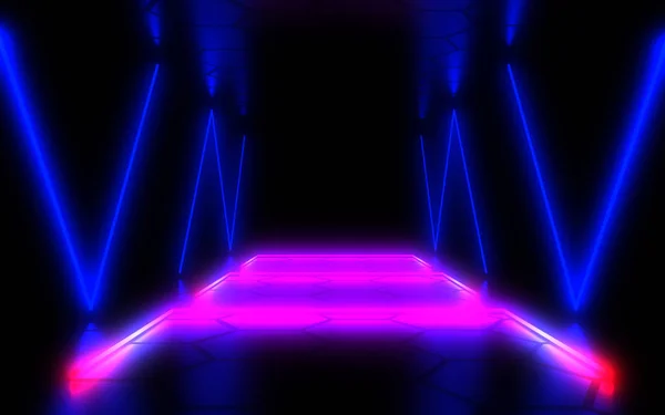 Abstract architectuur tunnel met neon licht. 3D-illustratie — Stockfoto