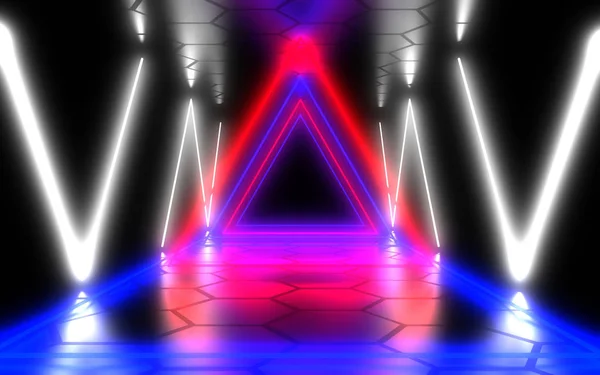 Abstrakt arkitektur tunnel med neonljus. 3D-illustration — Stockfoto