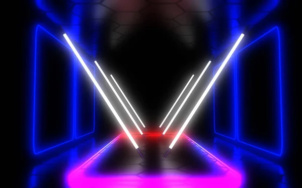 Absztrakt építészeti alagút neonfénnyel. 3D-illusztráció — Stock Fotó