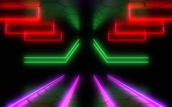 Tunnel di architettura astratta con luce al neon. Illustrazione 3d a — Foto Stock