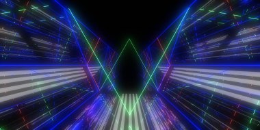 Üç boyutlu soyut arkaplan ve neon ışıkları. neon tünel 3d illüstrasyon