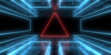 Üç boyutlu soyut arkaplan ve neon ışıkları. Neon tüneli. Uzay inşaatı. 3d illüstrasyon