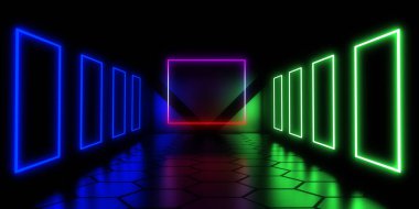 Üç boyutlu soyut arkaplan ve neon ışıkları. 3d illüstrasyon