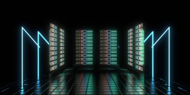 3D gelecek veri girişi konsepti neon ışıklarla. 3d illüstrasyon